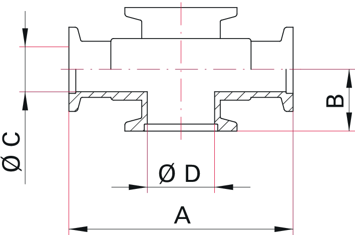 Reduzier-Kreuzstück, DN 40 ISO-KF, DN 40-16 ISO-KF, Aluminium EN AW 2011 Pb max. 0,4%