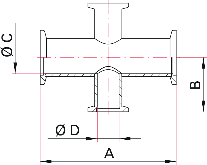 Reduzier-Kreuzstück, Edelstahl 1.4301/304, DN 50-25 ISO-KF