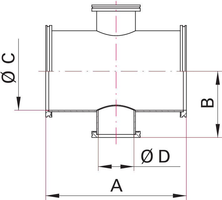 Reduzier-Kreuzstück, Edelstahl 1.4301/304, DN 100/63 ISO-K