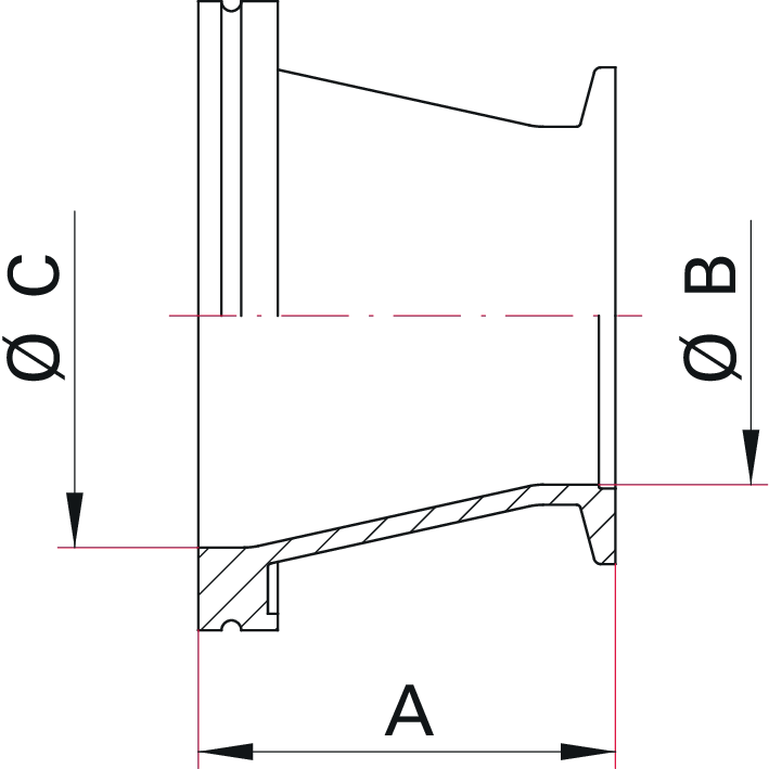 Übergangsstück, konisch, Edelstahl 1.4301/304, DN 63 ISO-K/25 KF