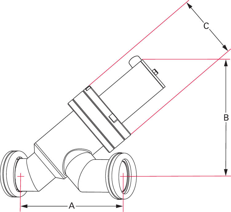 HV 인라인 밸브, DN 63 ISO-K, 공압식, SS/FKM, "A" 직경 210 mm