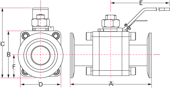 볼 밸브, DN 50 ISO-KF, 수동, 잠금 핸들, SS/FKM/PTFE, "A" 직경 140 mm