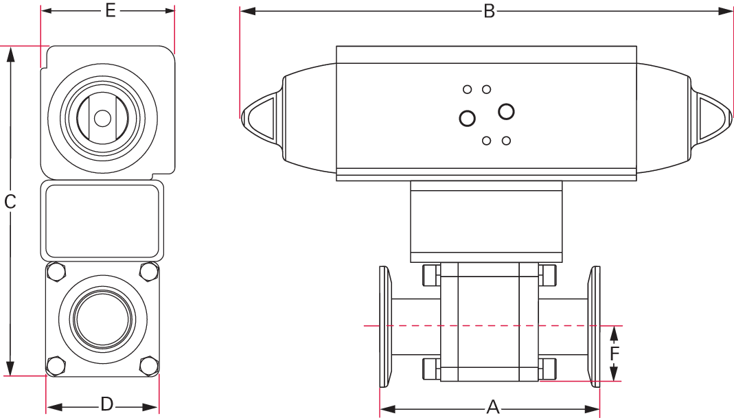 볼 밸브, DN 16 ISO-KF, 공압식, SS/FKM/PTFE, "A" 직경 80 mm