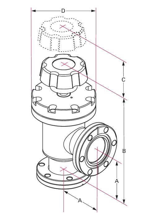 超高真空角阀，DN 16 CF，手动，不锈钢/铜/氟橡胶，“A”尺寸 38 mm