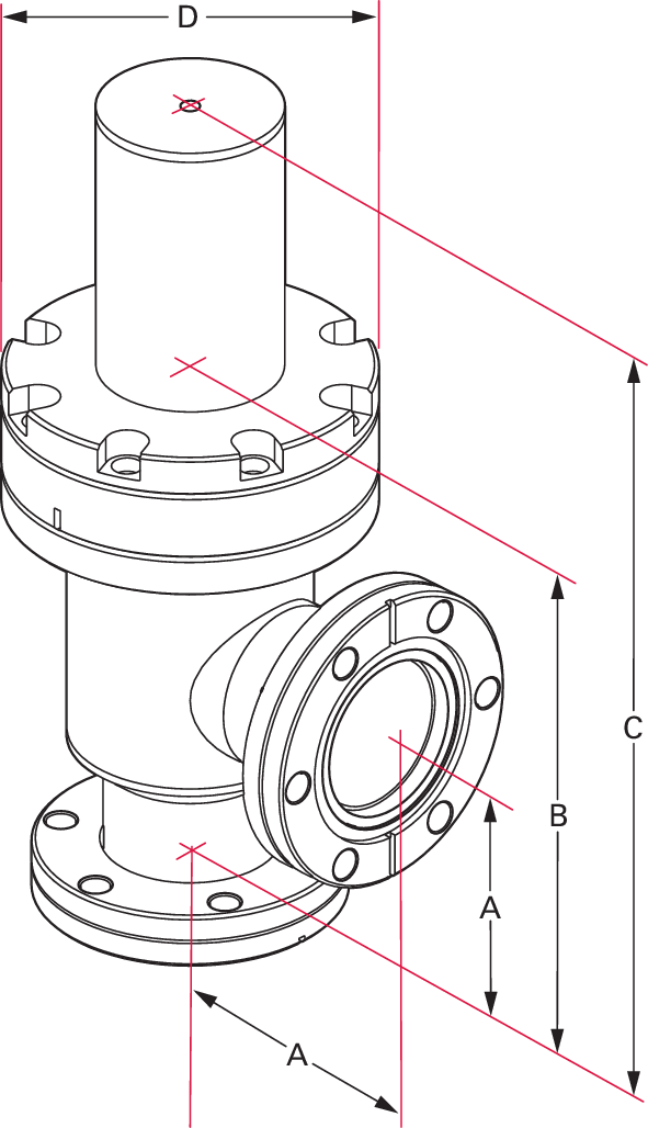 UHV 앵글 밸브, DN 16 CF, 전기공압식, PV 24 V DC, SS/Cu/FKM, "A" 직경 38 mm