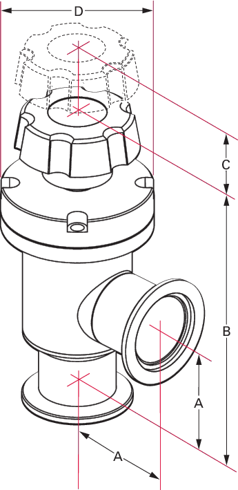 高真空角阀，DN 16 ISO-KF，手动操作，304/氟橡胶，“A” 尺寸 40 mm