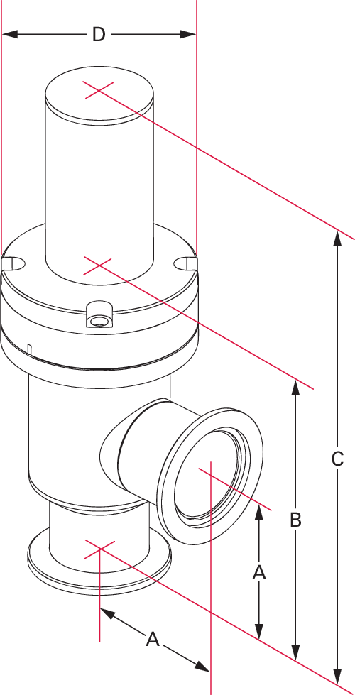 HV-Eckventil, DN 25 ISO-KF, elektropneumatisch, SV 240 V AC, 304/FKM, „A“-Dim 50 mm