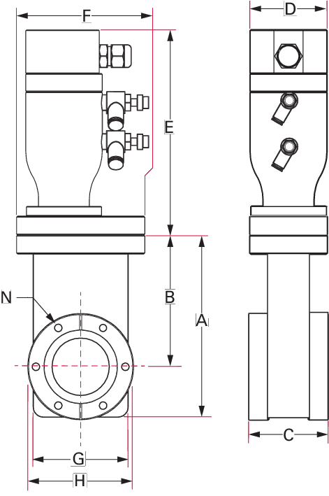 UHV gate valve, DN 40 CF, metric, electro-pneumatic, PI (RS)/PV 24 V DC, SS/Cu/FKM