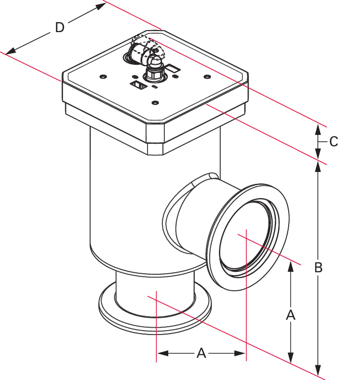 HV-Eckventil, N-Series, DN 25 ISO-KF, elektropneumatisch, SG (PNP)/SV 24 V DC, 304/FKM