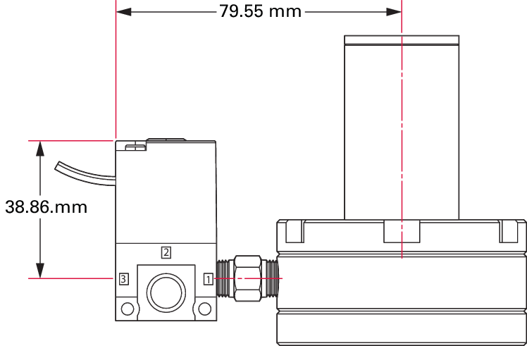 UHV 앵글 밸브, DN 16 CF, 전기공압식, PV 24 V DC, SS/Cu/FKM, "A" 직경 38 mm