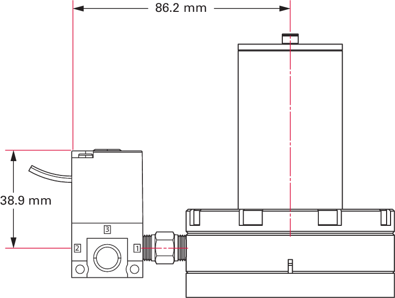 UHV 인라인 밸브, DN 40 CF, 전기공압식, PV 24 V DC, SS/Cu/FKM, "A" 직경 133 mm