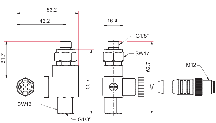 Venting valve, shielded, 24 V DC, G1/8“ for connecting to TC 400, 1200 as well as TM 700 with an 270° angled plug