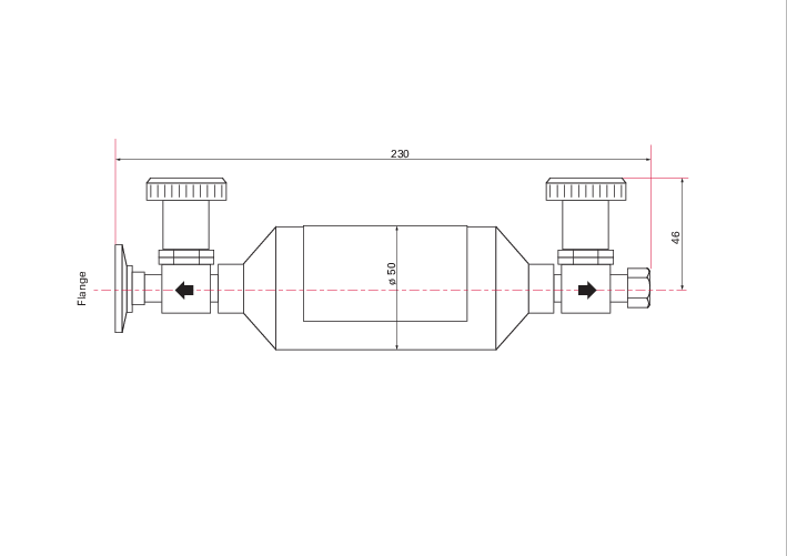 He-kalibriertes Testleck mit Absperrventil, Leckrate zwischen 1 und 3 · 10<sup>-6</sup> mbar l/s, 250 cm<sup>3</sup> Edelstahlbehälter, DN 25 ISO-KF